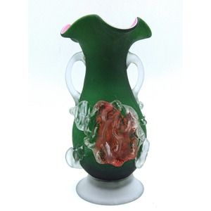 Murano Vase Applied Flower & Handles Cased Glass Green & Pink Murano Art Glass